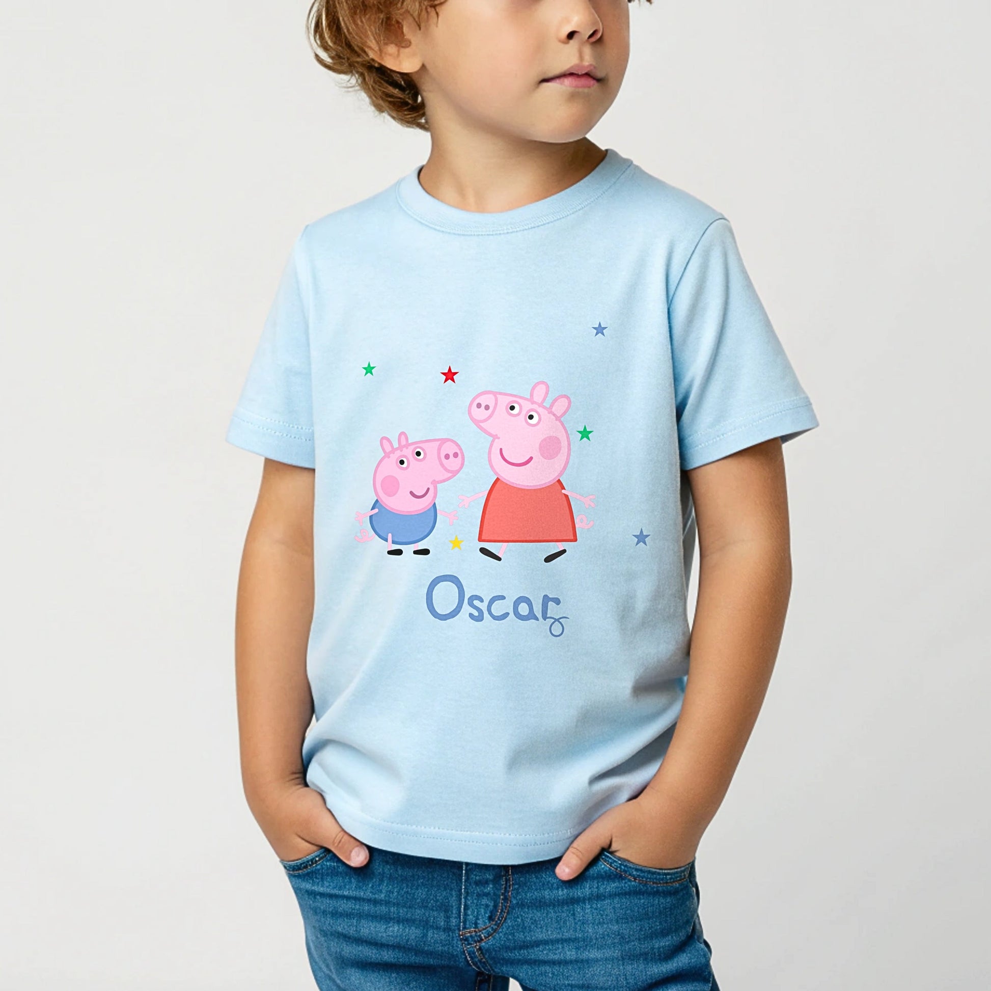 Personalised Peppa and George T-shirt for kids featuring cute character artwork and custom name option.