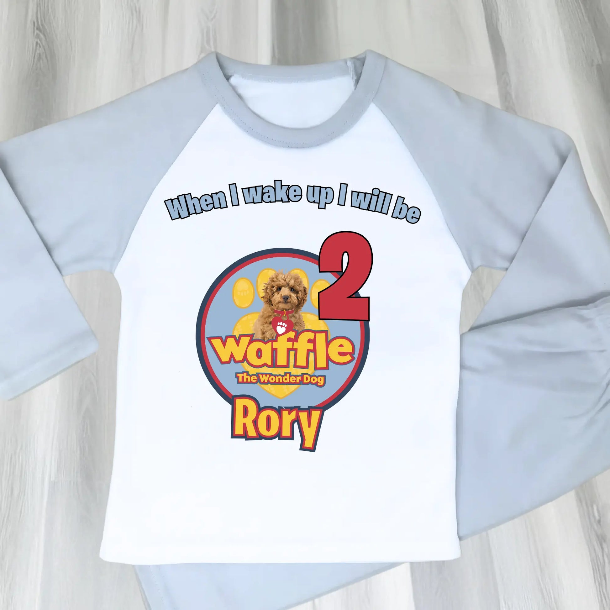 Waffle birthday pyjamas for boys with custom name and age: waffle the wonder dog