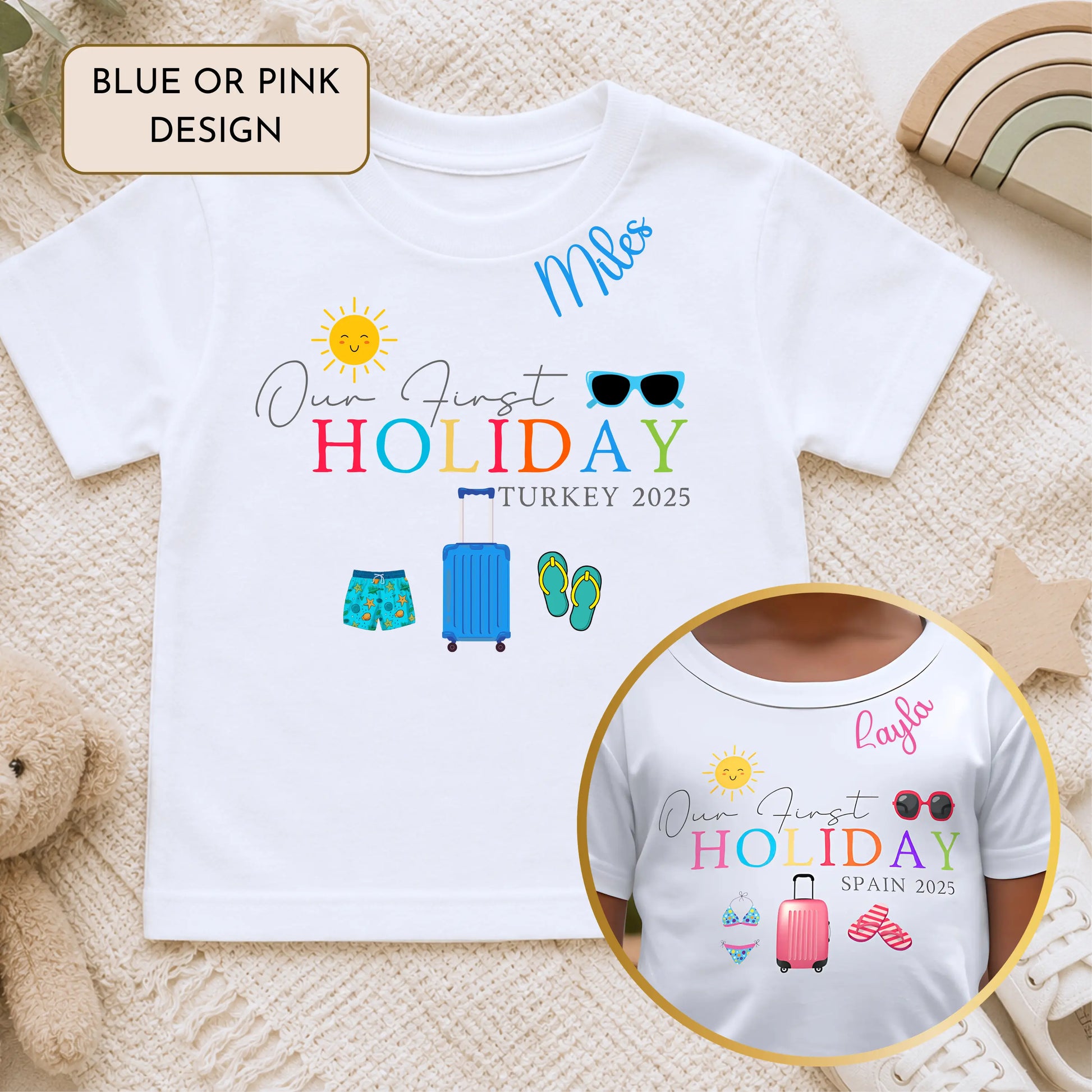Personalised Our First Holiday T-shirt with custom name, destination and year for babies, kids and adults family holiday keepsake outfit