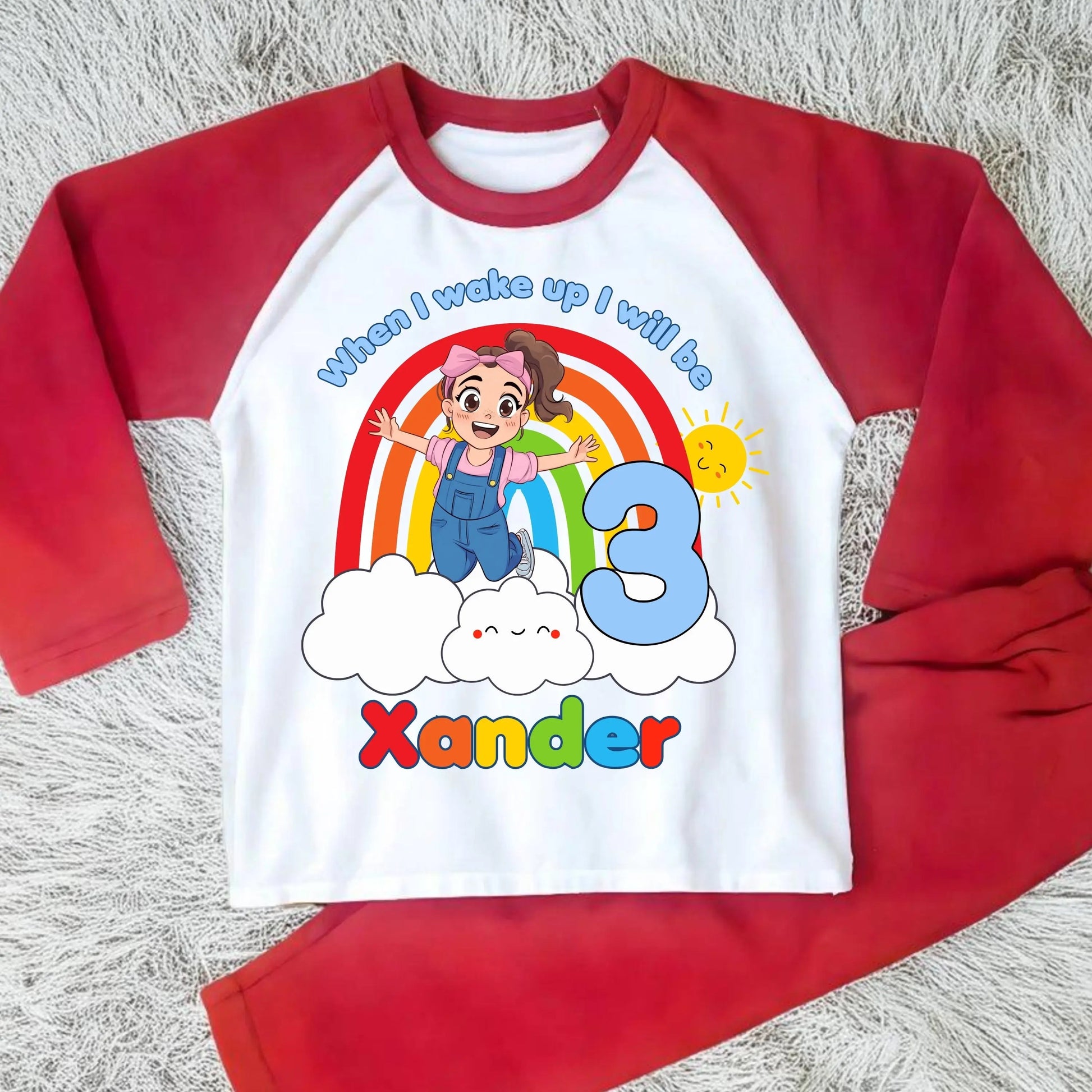 Personalised boys Ms Rachel birthday pyjamas with rainbow design and name printed on top