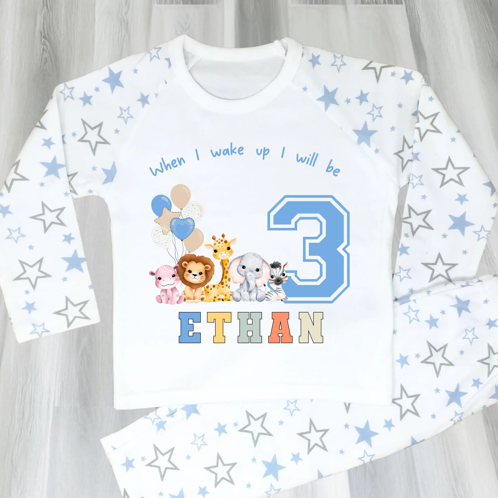 Personalised Safari Birthday Pyjamas for Boys – Custom Name & Age Jungle Animal Set AishaBaileyDesigns
