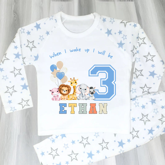 Personalised Safari Birthday Pyjamas for Boys – Custom Name & Age Jungle Animal Set AishaBaileyDesigns