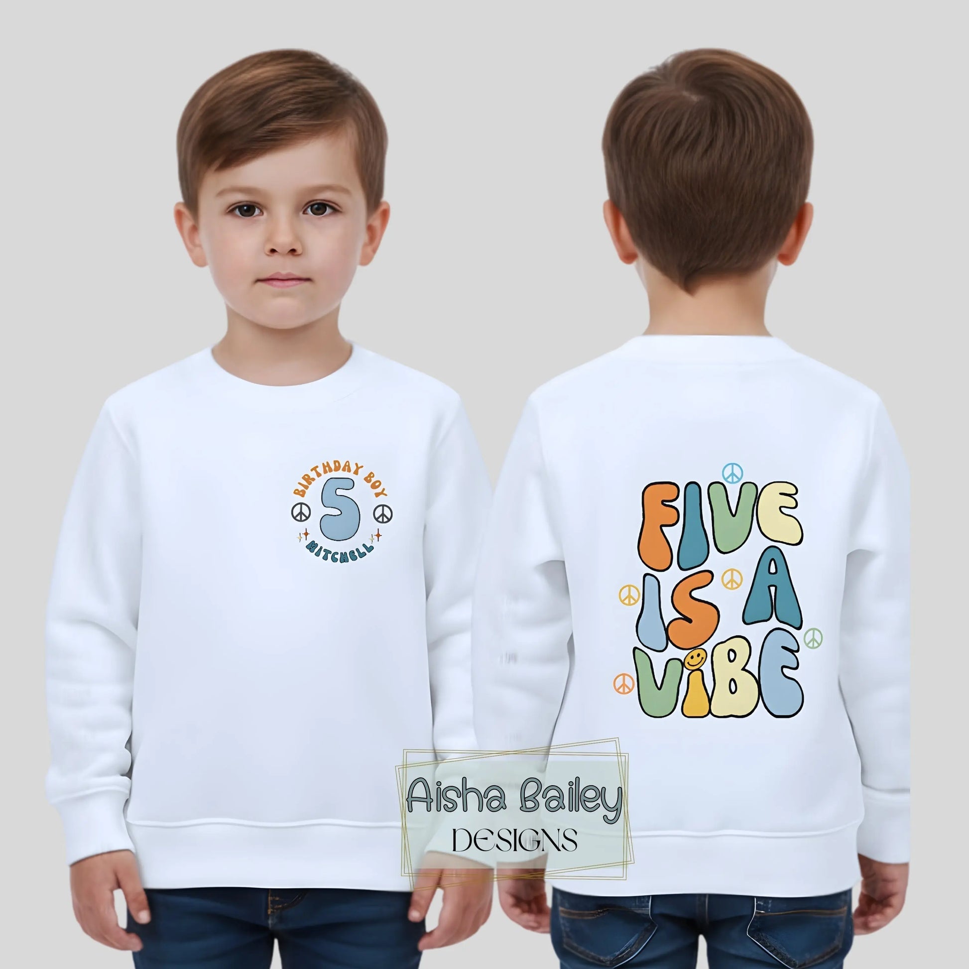 Personalised Boys Five is a Vibe birthday sweatshirt with custom name and age