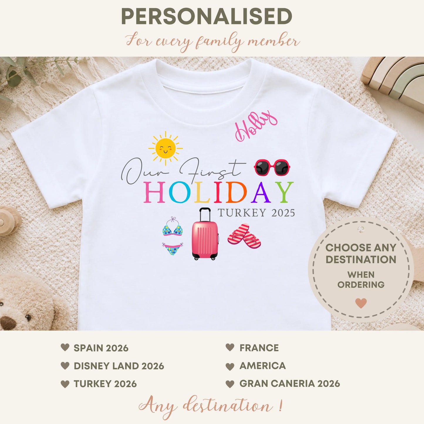 Personalised Our First Holiday T-shirt with custom name, destination and year for babies, kids and adults family holiday keepsake outfit