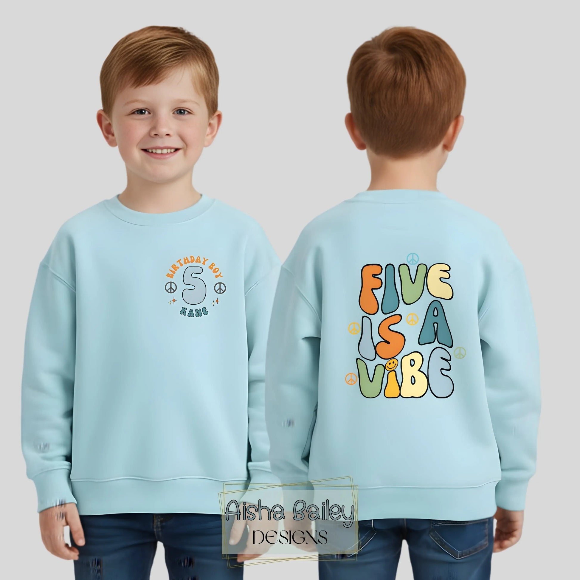 Personalised Boys Five is a Vibe birthday sweatshirt with custom name and age