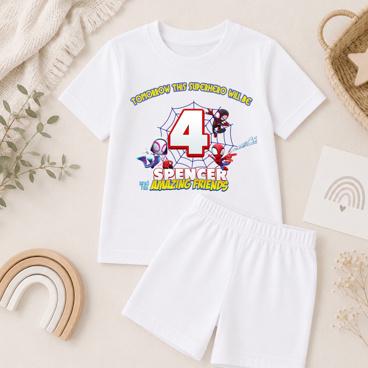 Personalised Spidey Short Birthday Pyjamas for Boys with custom name and age superhero birthday design on soft short sleeve children's pyjama set.