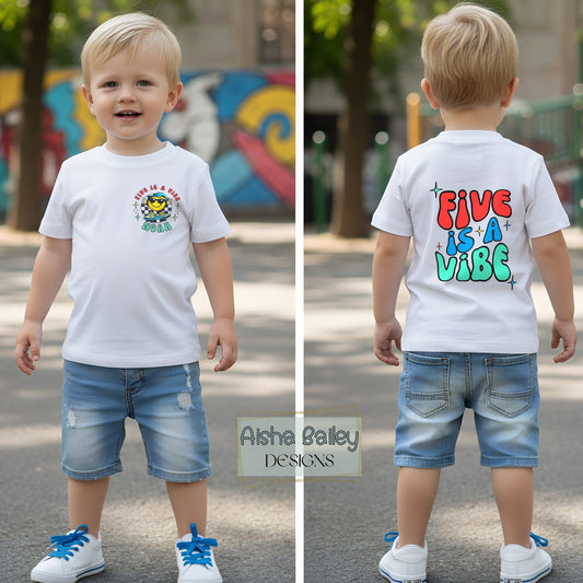 Five is a vibe birthday t-shirt personalised with custom name and age. Ideal for 5th birthdays