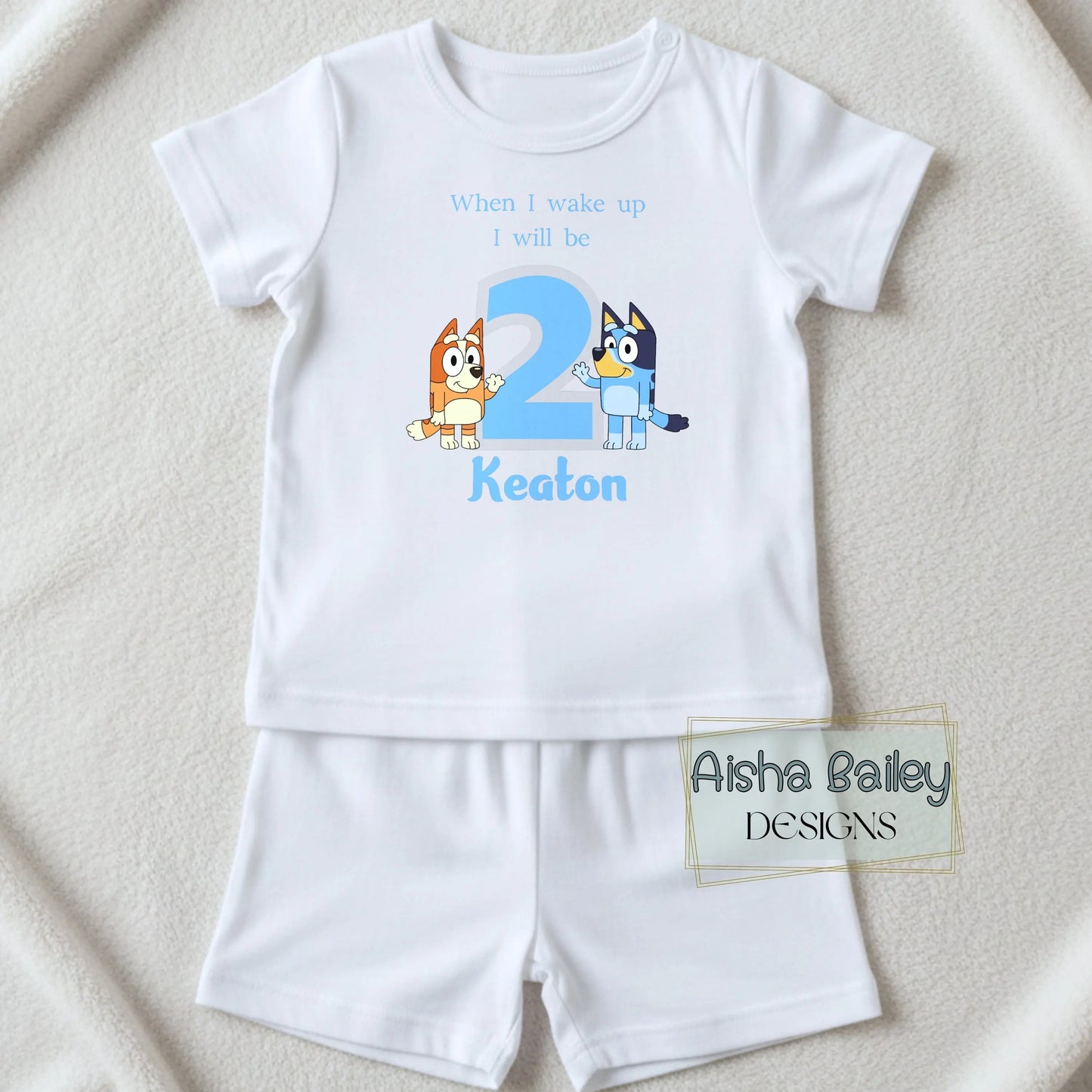 personalised boys Bluey and Bingo Short Birthday Pyjamas with custom name and age, Bluey birthday gift for toddler