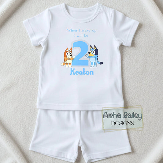 personalised boys Bluey and Bingo Short Birthday Pyjamas with custom name and age, Bluey birthday gift for toddler