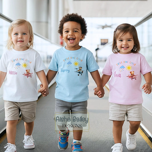 Personalised first flight t shirt for kids featuring teddy bear travel design with custom child name for family holidays and airport outfits