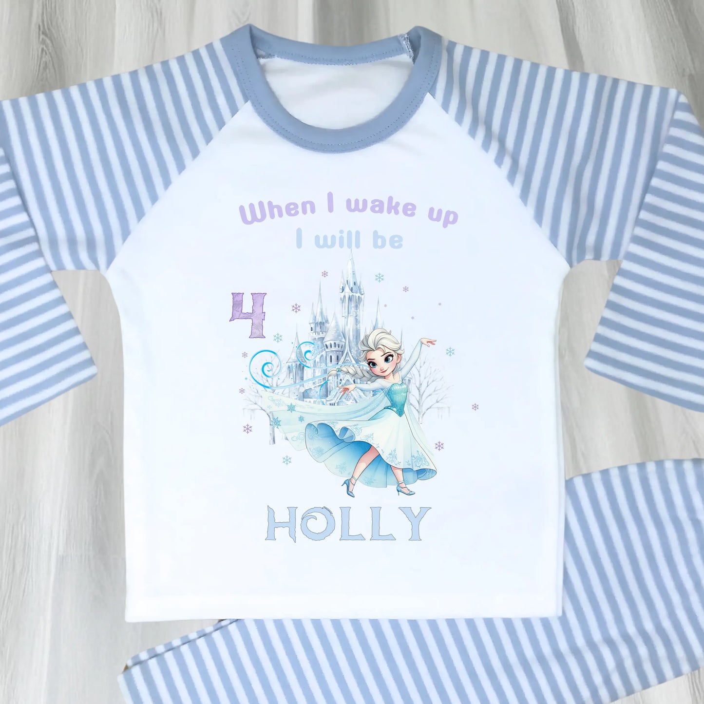 Frozen Elsa Birthday Pyjamas for Girls Personalised with Name & Age: Raglan & White Frilly PJs AishaBaileyDesigns