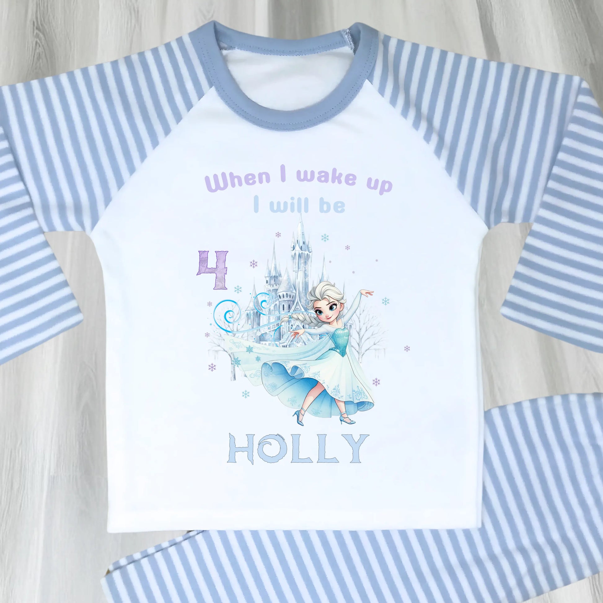 Frozen Elsa Birthday Pyjamas for Girls Personalised with Name & Age: Raglan & White Frilly PJs AishaBaileyDesigns