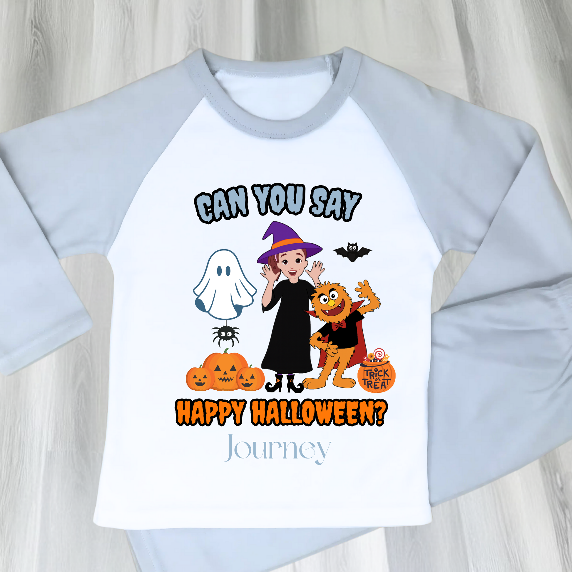 Boys personalised Ms Rachel Halloween pyjamas with “Can You Say Happy Halloween?” design and child’s name
