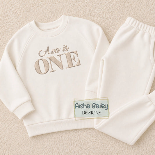 Personalised baby girl embroidered birthday outfit ONE sweatshirt and joggers
