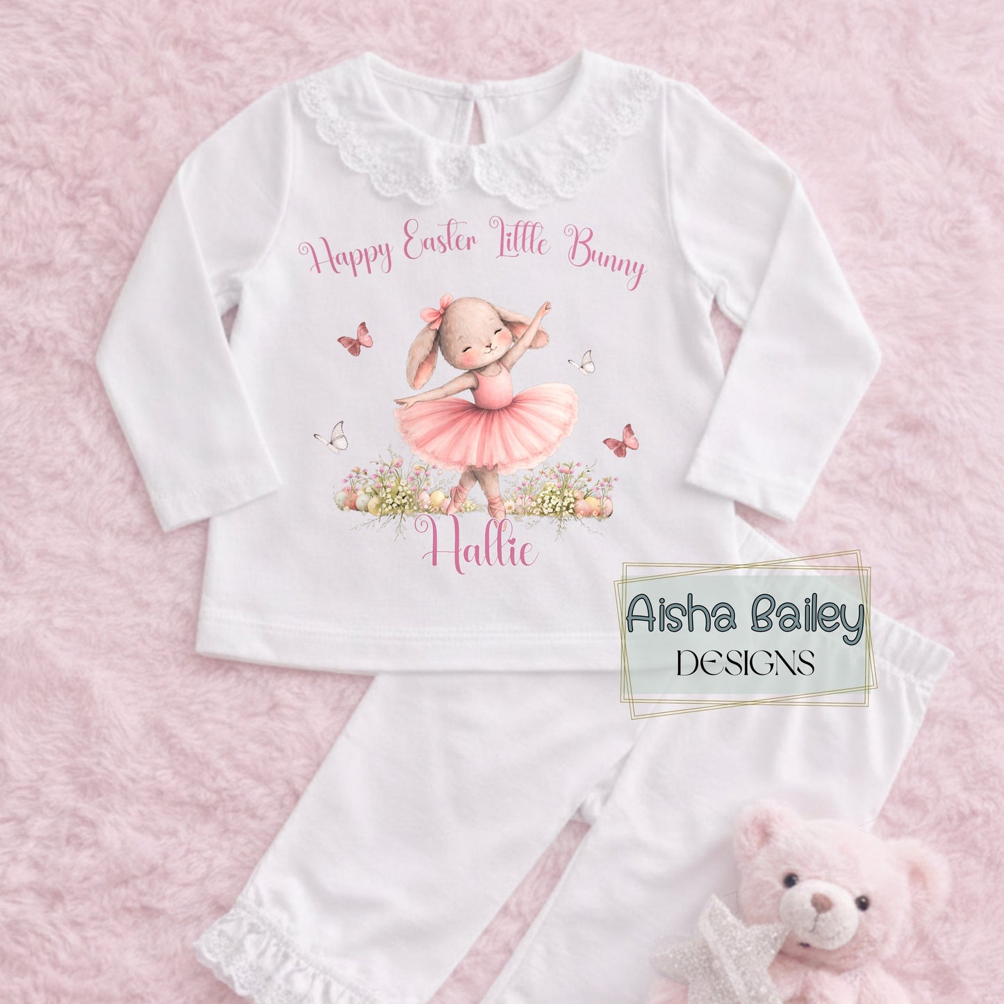 Personalised Easter pyjamas for girls with ballerina bunny design, frill details, and custom name in soft pastel colours