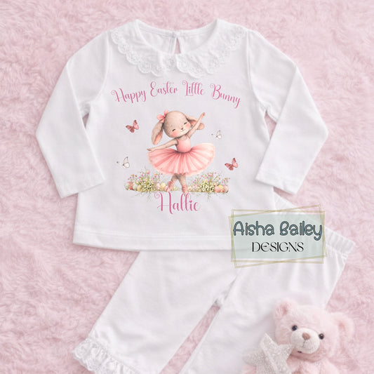 Personalised Easter pyjamas for girls with ballerina bunny design, frill details, and custom name in soft pastel colours