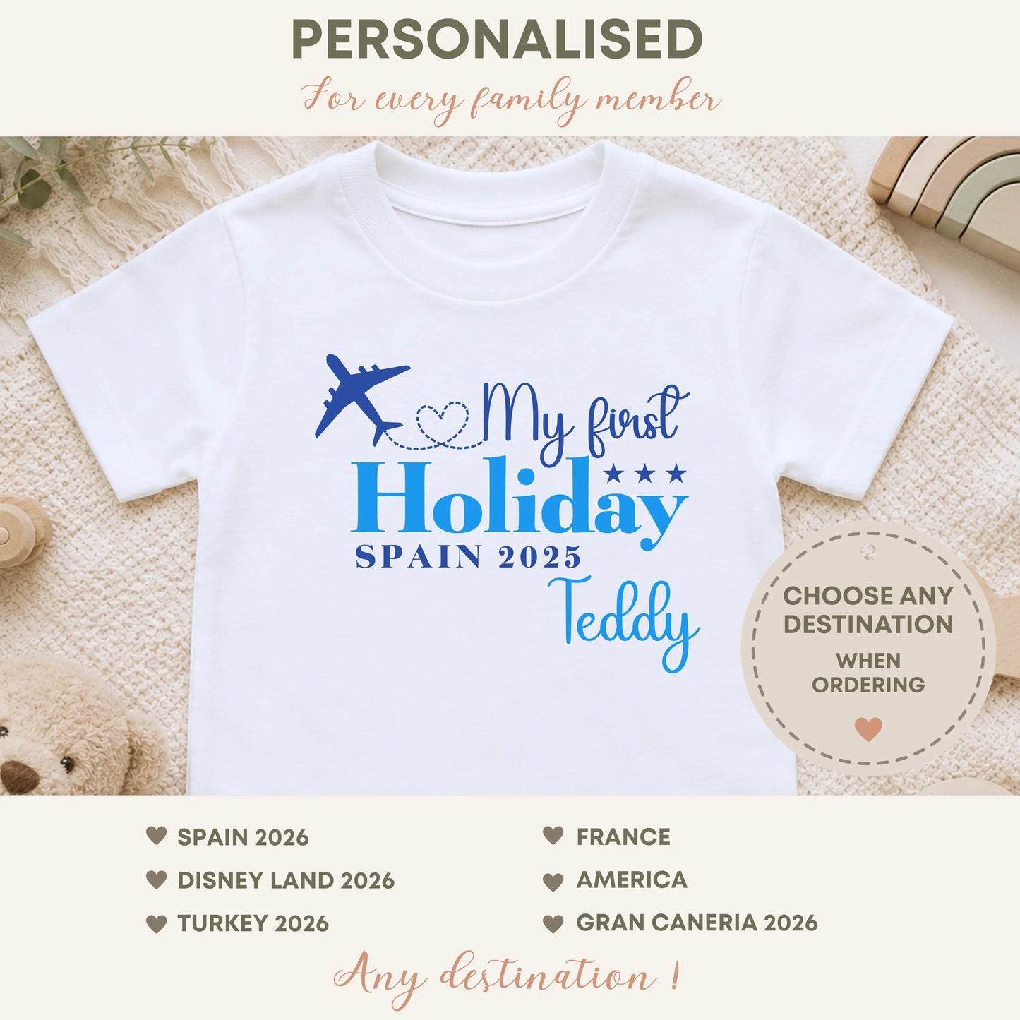Children's Personalised First Holiday T-Shirt – Custom Name, Destination & Year - Family Vacation Shirt AishaBaileyDesigns
