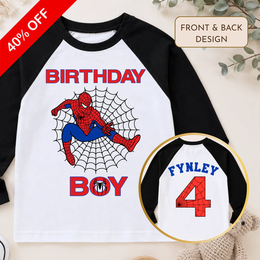 Boys Personalised Spider-man Birthday Top – Raglan Baseball Style Top, Reduced to Clear AishaBaileyDesigns