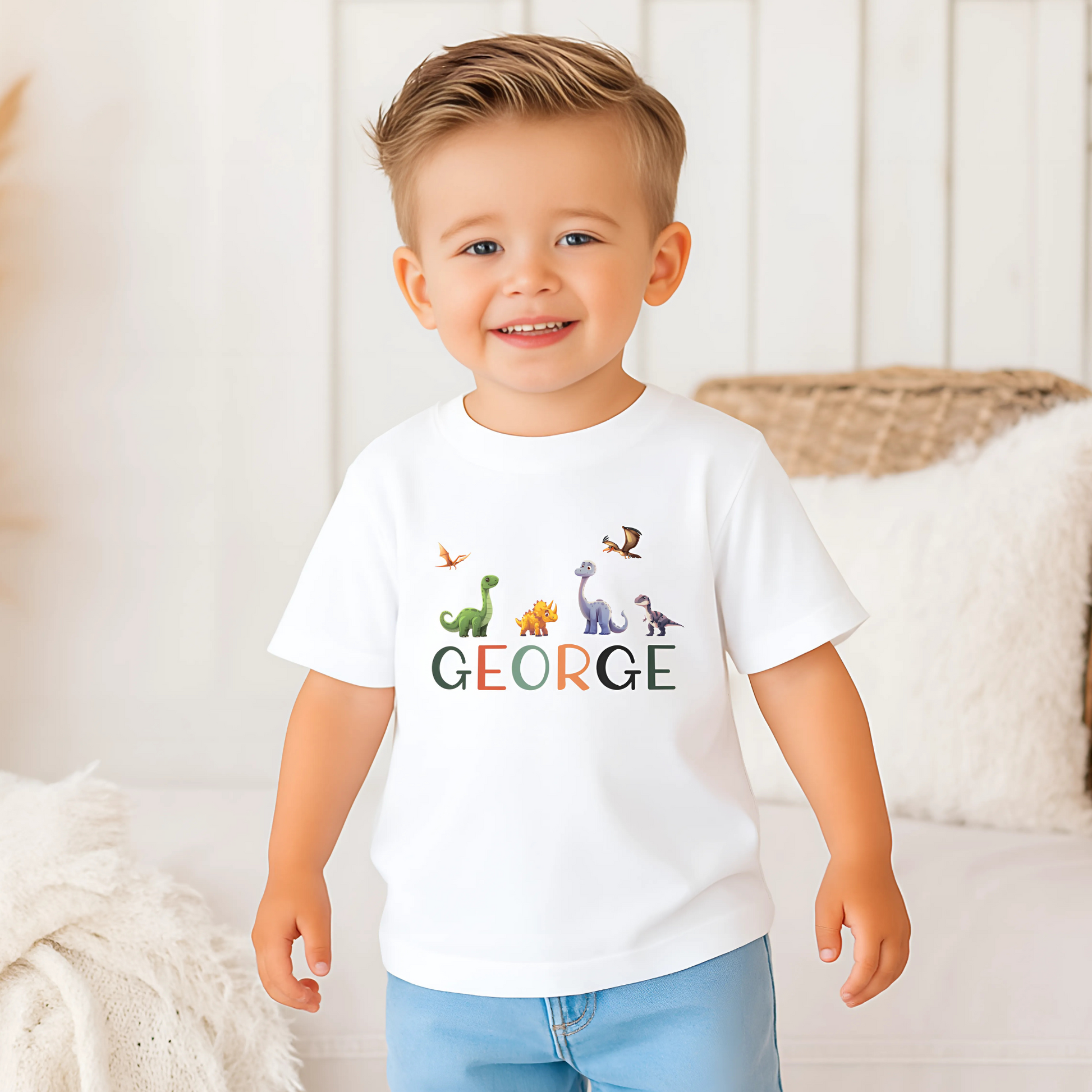 personalised dinosaur t-shirt, toddler shirt with name, custom t-shirt for boys, custom dinosaur top, custom name shirt