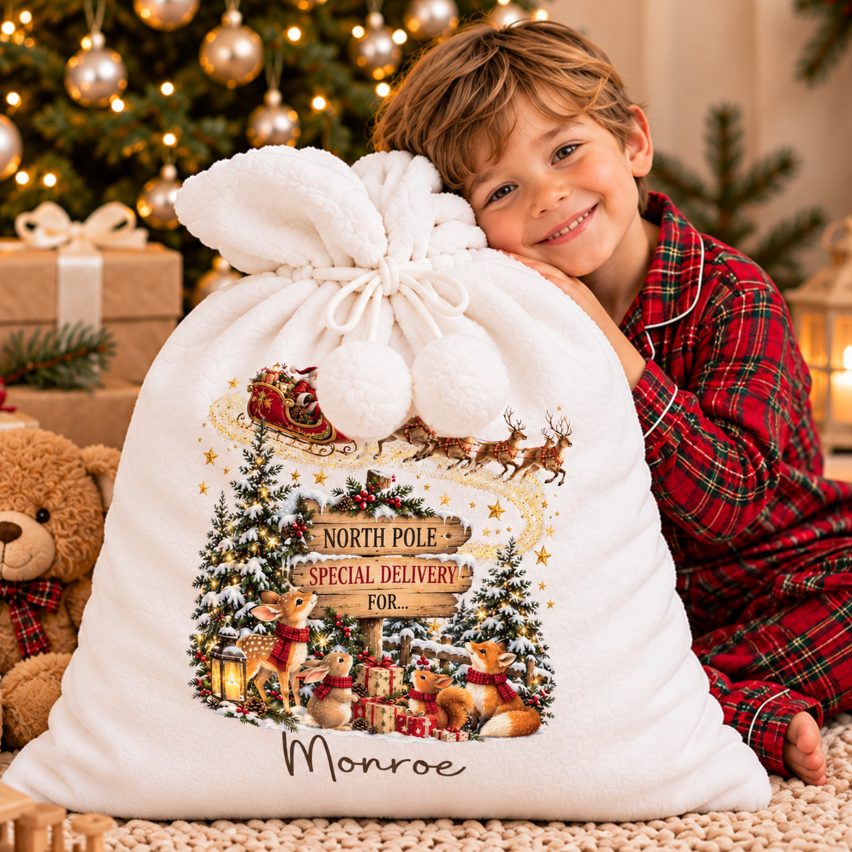 Personalised Christmas Stocking and Santa Sack featuring Santa's sleigh, woodland animals, snowy trees and North Pole wooden sign with child's name.