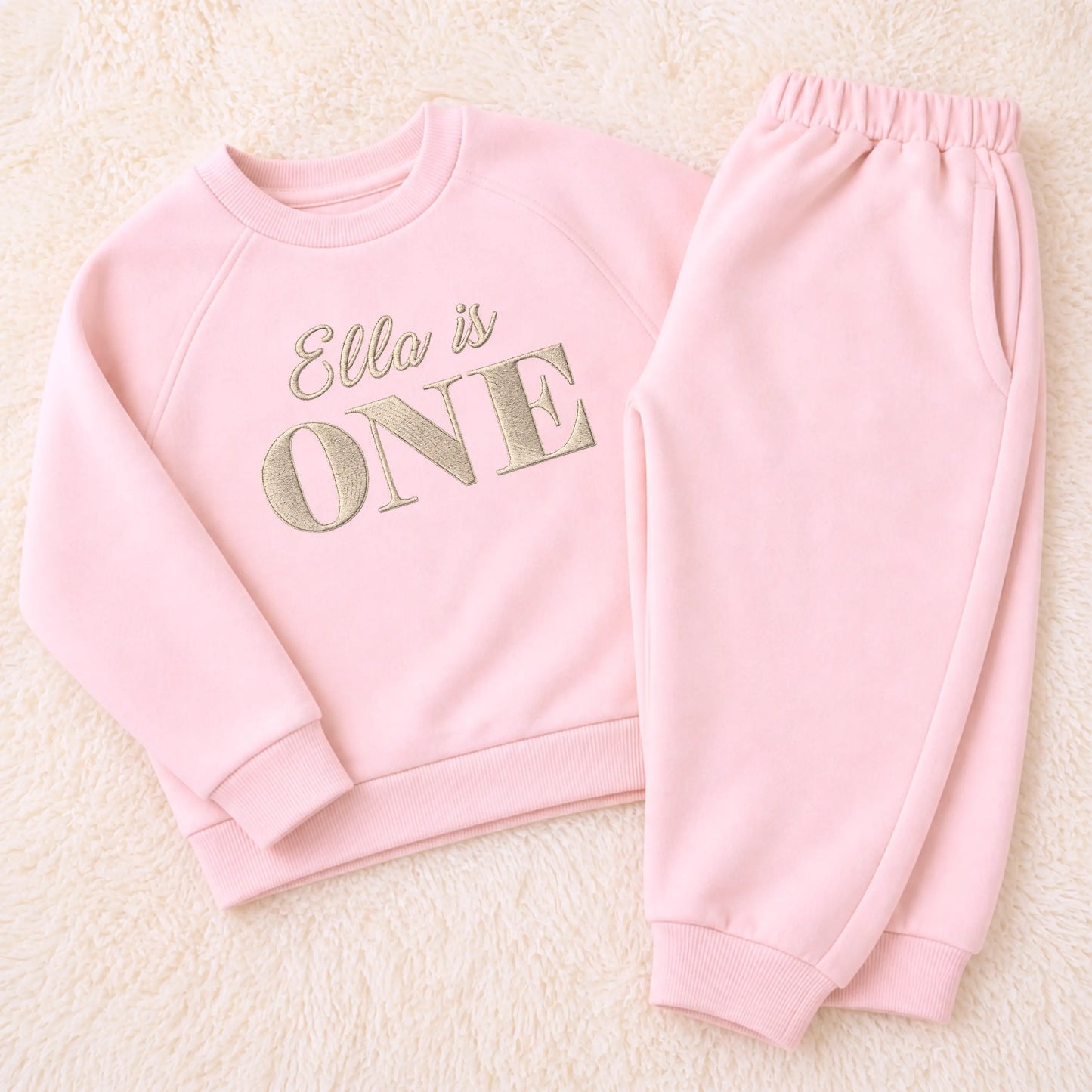Girls Personalised 1st Birthday Outfit – Custom Embroidered Name “ONE” Loungewear Set AishaBaileyDesigns