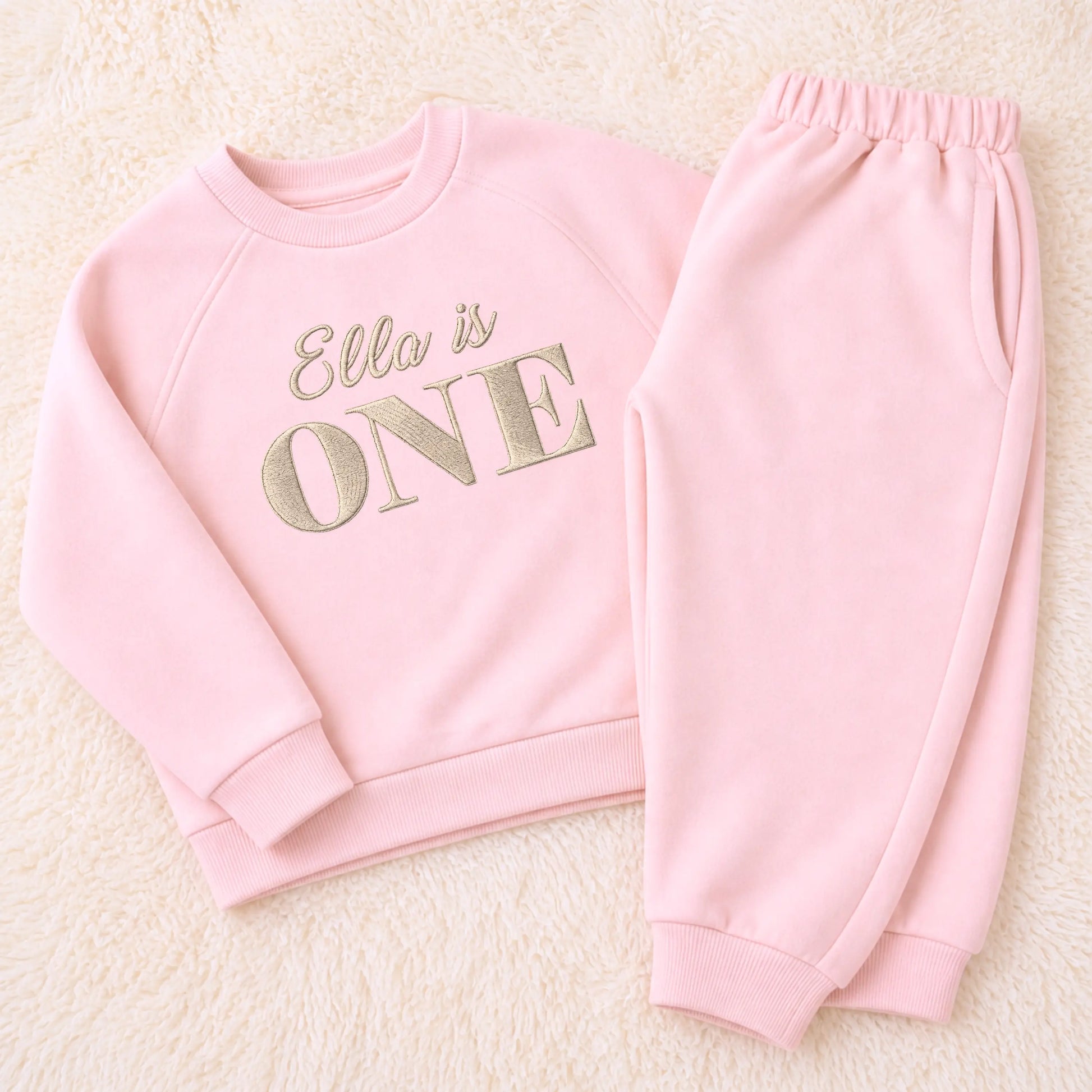 Girls Personalised 1st Birthday Outfit – Custom Embroidered Name “ONE” Loungewear Set AishaBaileyDesigns