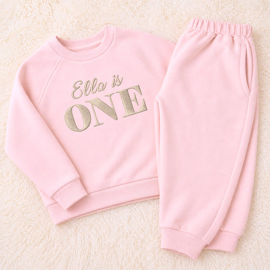Girls Personalised 1st Birthday Outfit – Custom Embroidered Name “ONE” Loungewear Set AishaBaileyDesigns