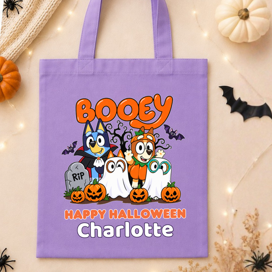 Kids Personalised Halloween Trick or Treat Bag with name, Bluey character design, pumpkins, ghosts and bats in purple, violet, white and pink