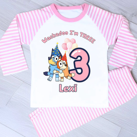 Bluey and Bingo Birthday Pyjamas for Girls with custom name and age in a pink party-themed design.