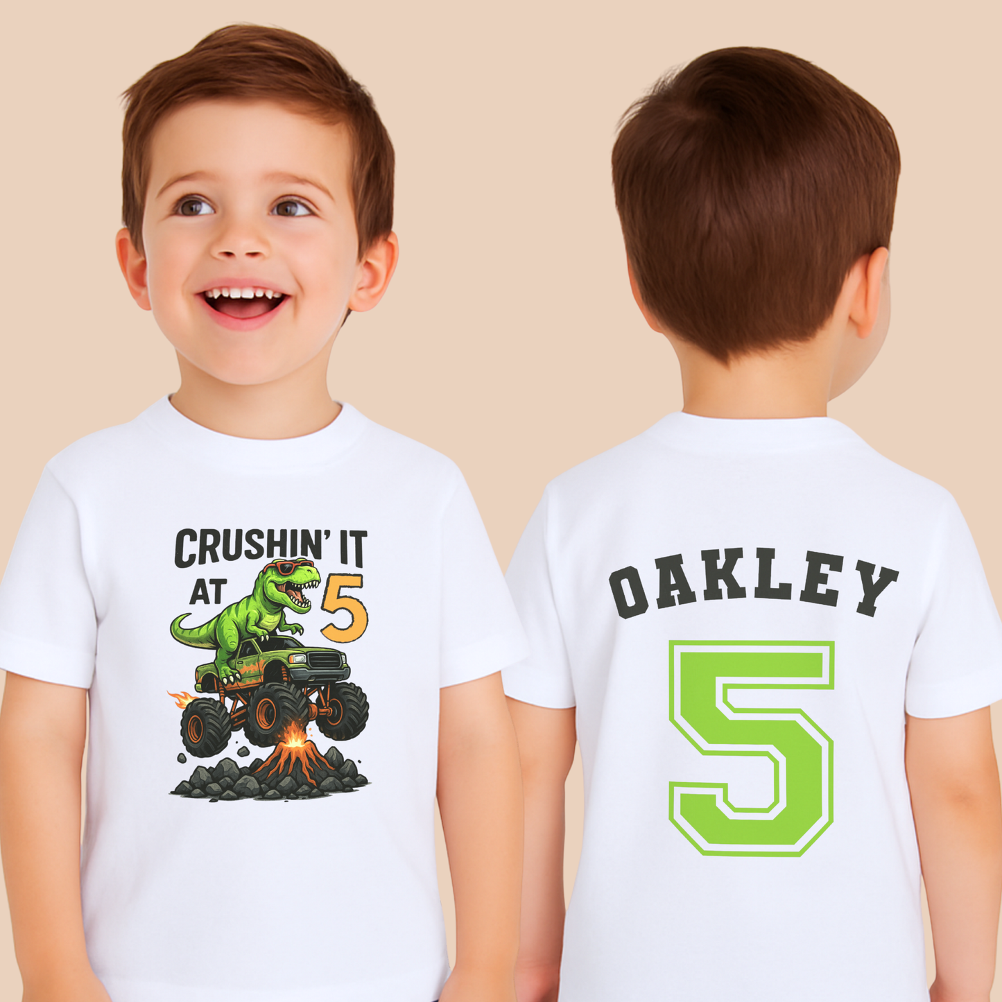 Personalised boys dinosaur birthday T-shirt with T-Rex monster truck and custom name and age back print