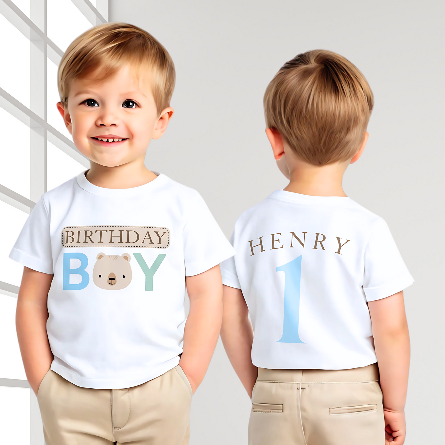 Teddy Bear Birthday T-shirt, Personalized Brown Bear Birthday T-Shirt: A charming white t-shirt showcasing a neutral theme with an adorable teddy bear head graphic and the words “Birthday Boy” in eye-catching beige, blue, and sage tones. The back is personalized with the child's name and age, making it the perfect birthday gift or celebration outfit for a toddler boy, ideal for memorable birthday photos and parties.