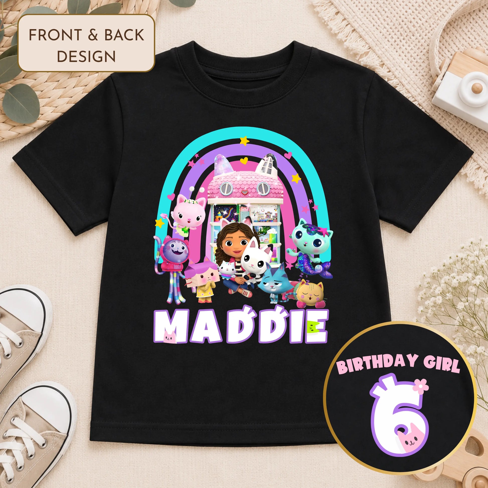 Girls Personalised Gabby's Dollshouse Birthday T-shirt - Any Name and Age AishaBaileyDesigns