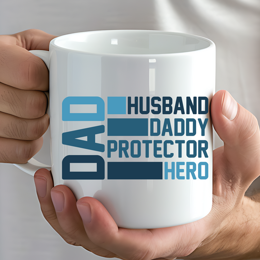 personalised husband and daddy mug: An image of a white ceramic coffee mug with customisable text options. The mug features a design that allows for personalisation with a husband&#39;s or father&#39;s name, making it an ideal gift for Father&#39;s Day or a birthday. The mug is shown against a neutral background, emphasizing its unique and thoughtful design tailored for dads. On the front it reads Dad then husband, daddy, protector, hero