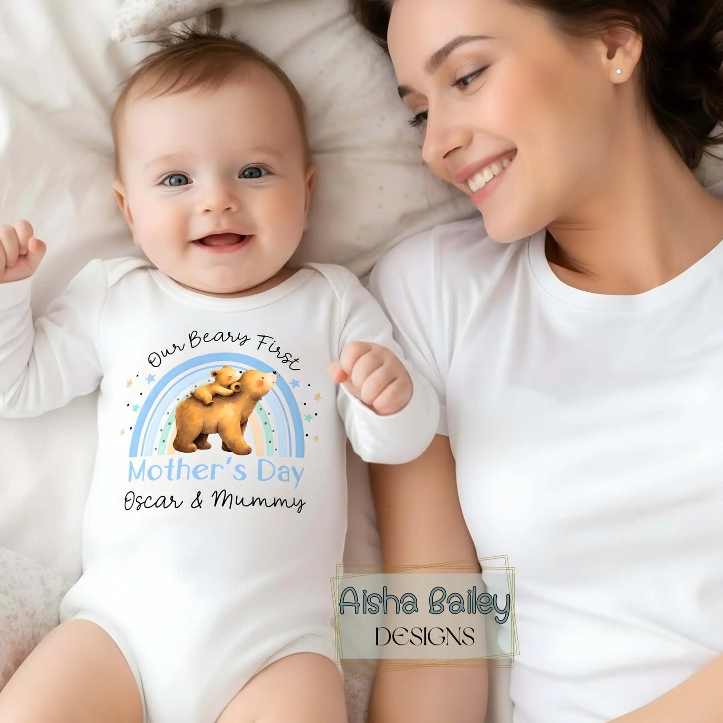 Personalised 1st Mother’s Day baby boy sleepsuit with Our Beary First Mother’s Day bear and rainbow design, custom name keepsake gift for First Mothers Day