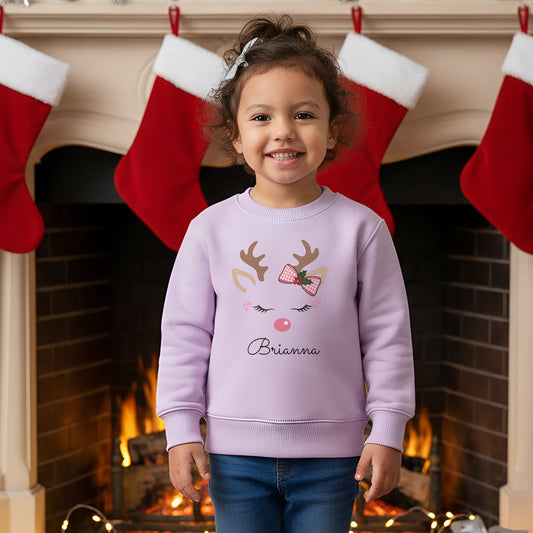 Girls Christmas Sweatshirt: Personalised Christmas sweatshirt for girls with pink reindeer design and custom name print.