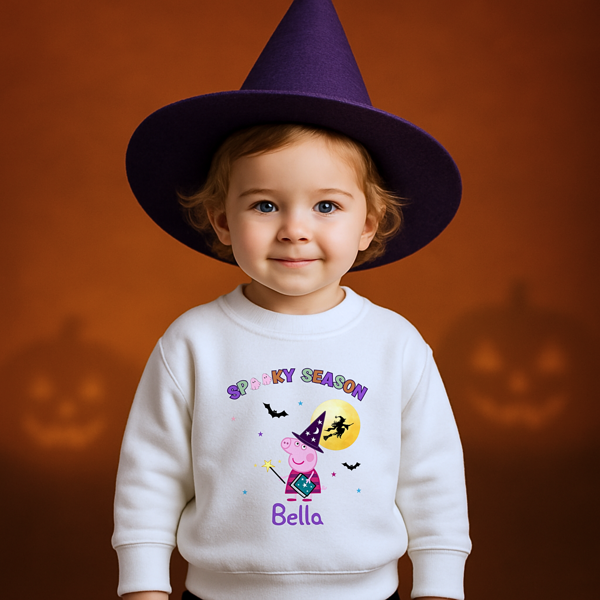 personalised halloween sweatshirt, Personalised Peppa Pig Halloween sweatshirt for kids with witch design and custom name