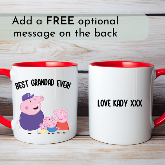 Personalised grandad mug: White ceramic personalised grandad mug with orange handle, Peppa Pig family illustration, and “Best Grandad Ever” text, with custom message on back.