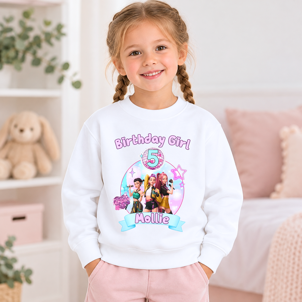 Personalised Demon Hunters Birthday Sweatshirt for Girls, white K-pop birthday jumper with pink design, custom name Mollie and age 5.