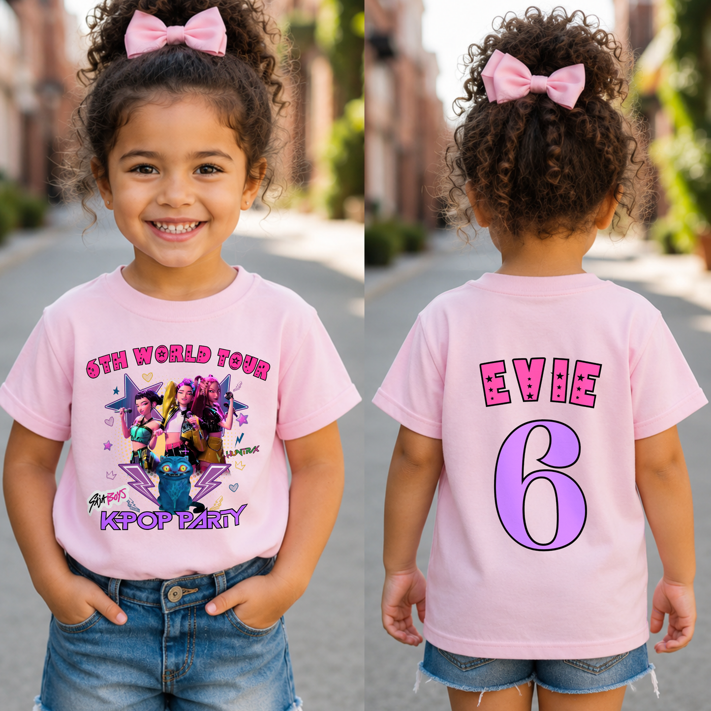 Personalised Kpop Demon Hunters Birthday T-Shirt for Girls with colourful front design and custom name and age printed on the back.