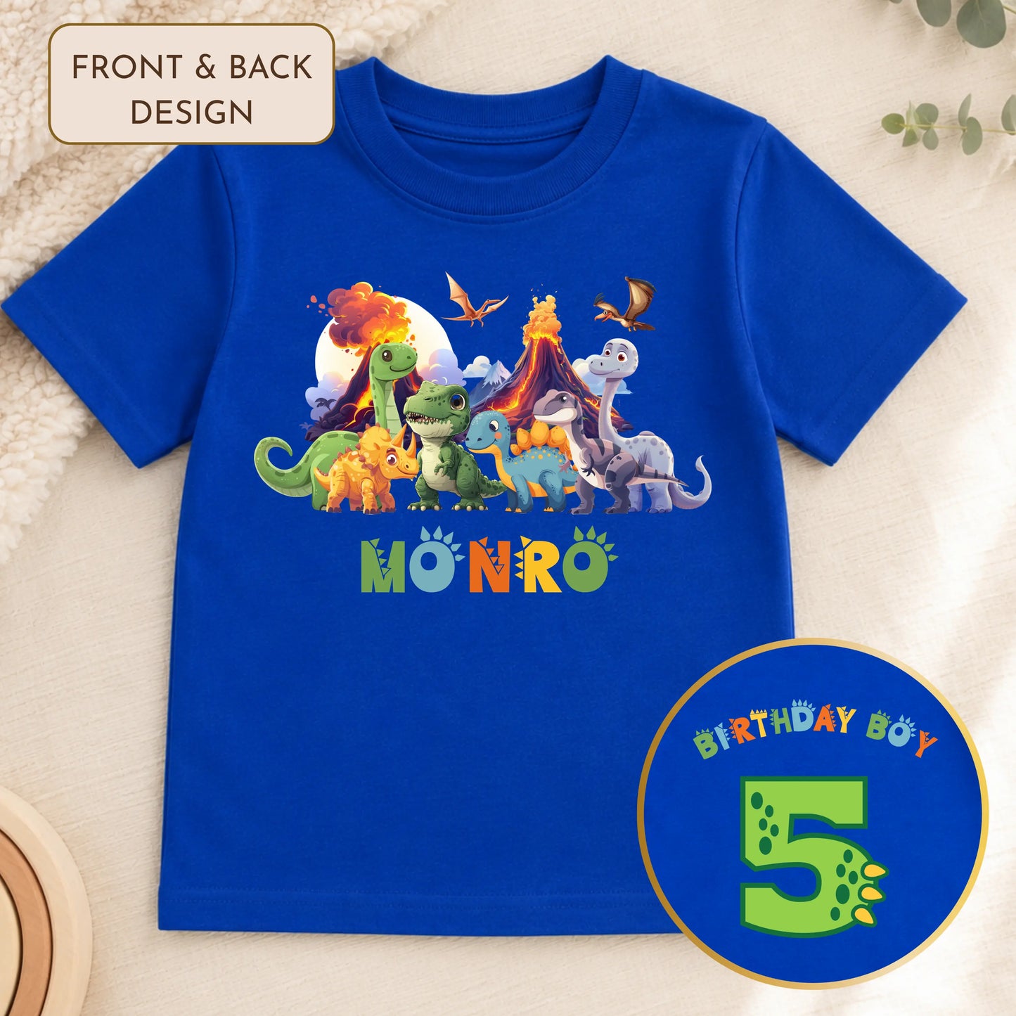 Boys Personalised Dinosaur Birthday T-Shirt with Back Design AishaBaileyDesigns