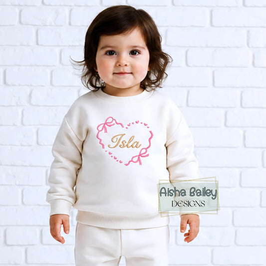 Personalised Girls Loungewear Set Embroidered - Name Heart Bow Tracksuit for Everyday Wear AishaBaileyDesigns