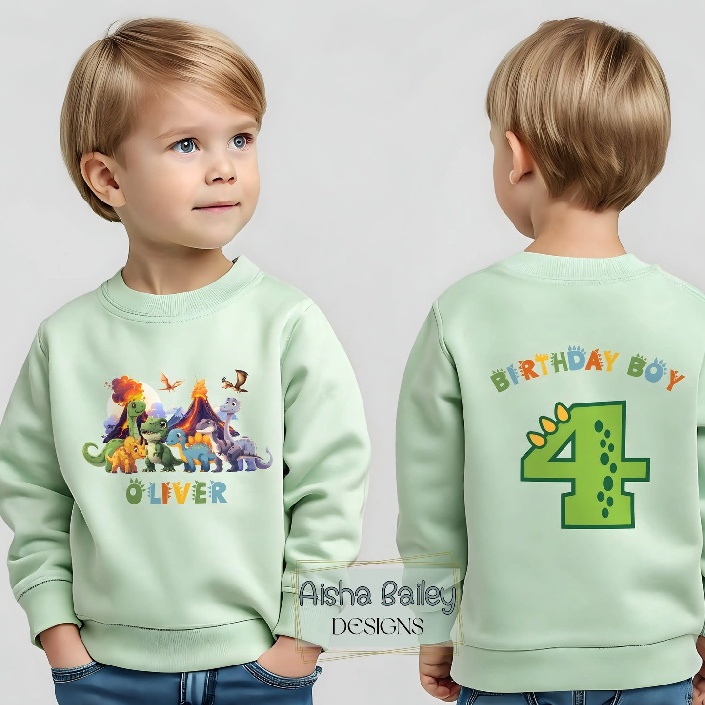 Dinosaur birthday sweatshirt for boys with personalised name and age, colourful dinosaur design and Birthday Boy print, cosy jumper for kids birthday party outfit