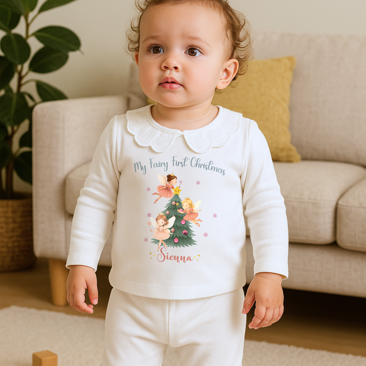 First Christmas Pyjamas: Personalised frilly white baby First Christmas pyjamas with fairy Christmas tree design