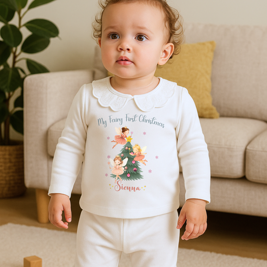 First Christmas Pyjamas: Personalised frilly white baby First Christmas pyjamas with fairy Christmas tree design