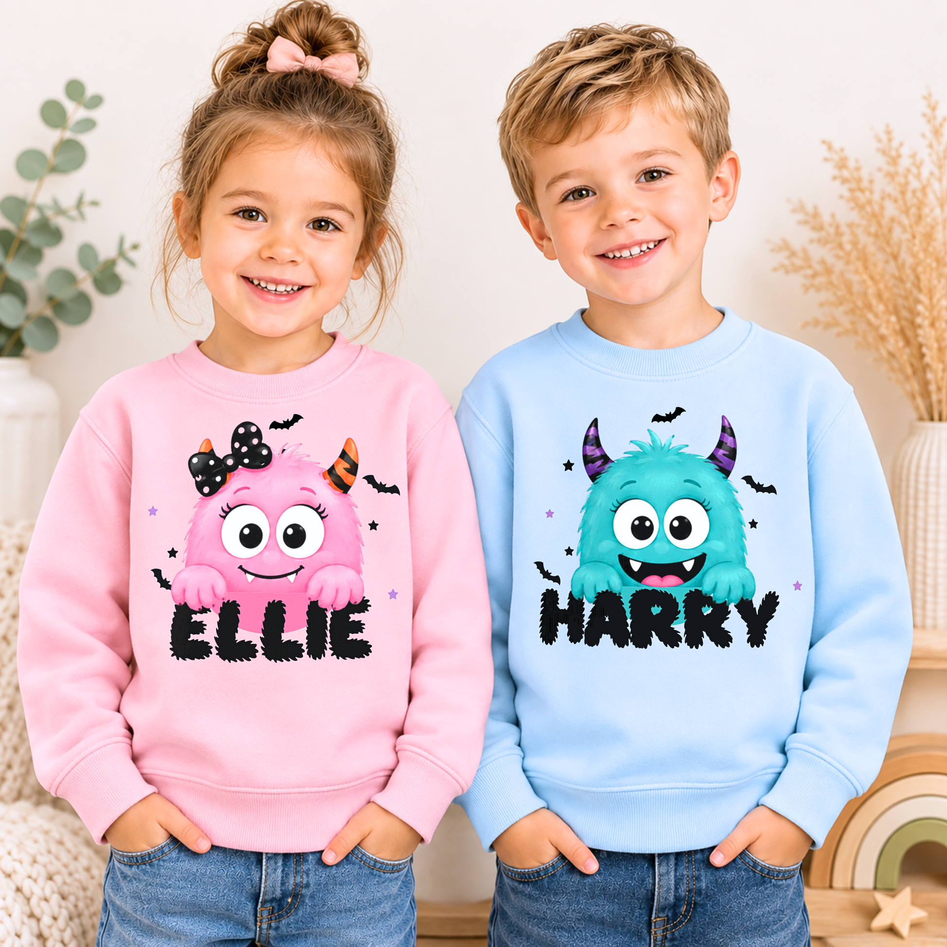 Personalised Halloween Sweatshirt for Kids with child's name and cute monster design, unisex Halloween jumper for boys and girls.