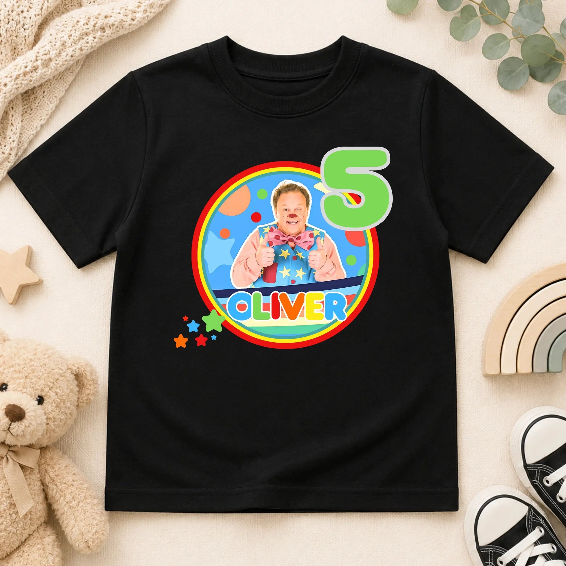 Personalised Mr Tumble birthday T-shirt for boys featuring a custom name and age with a colourful Mr Tumble-inspired design, perfect for birthday parties, cake smash photos, nursery celebrations and special birthday memories.