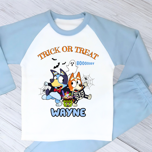 Boys personalised Bluey and Bingo Halloween pyjamas with name print and cute spooky design