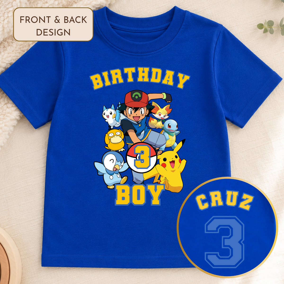 Personalised Pokémon Birthday T-Shirt for Boys, white gamer birthday top with colourful Pokemon characters, custom name and large birthday age on back.