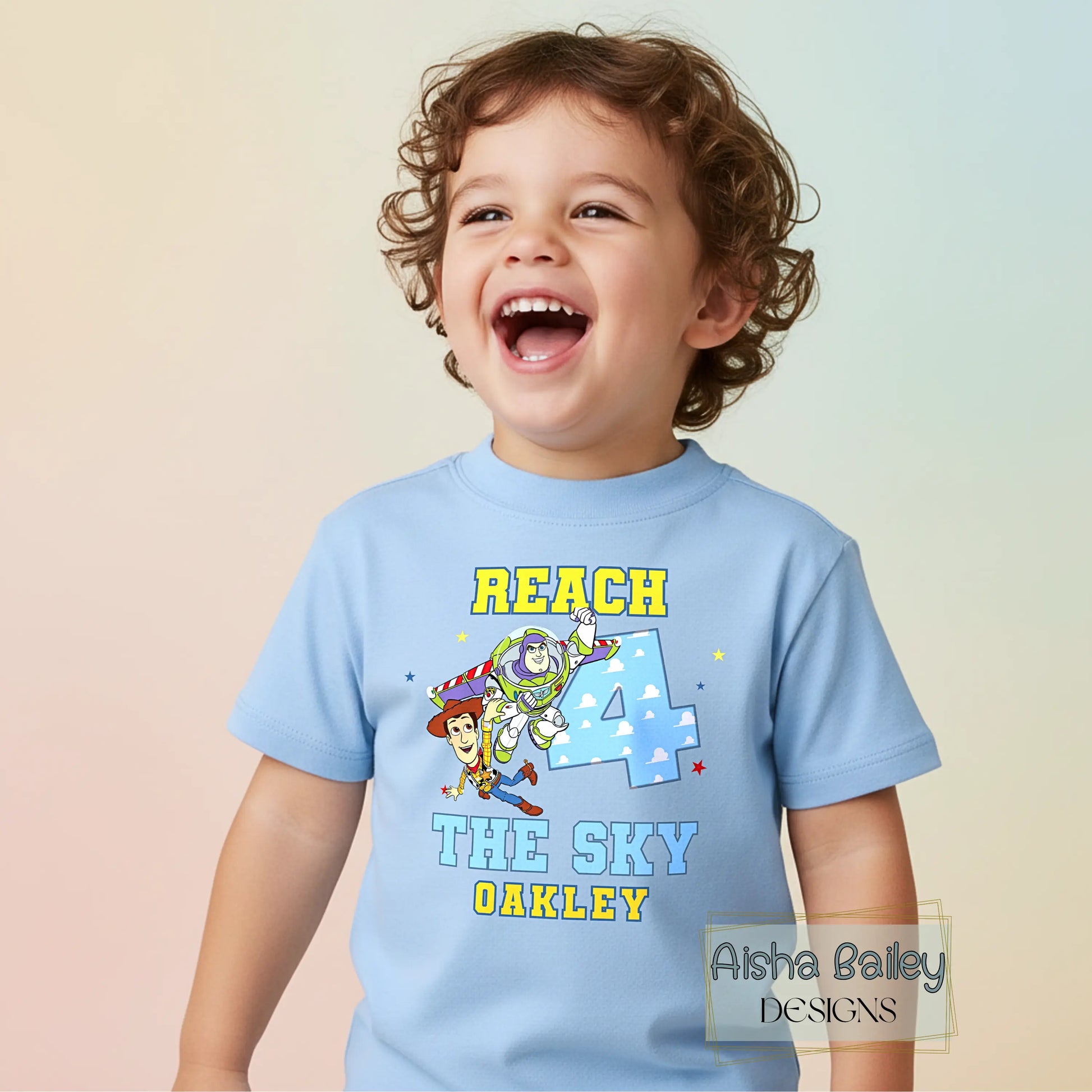 Personalised Toy Story birthday t-shirt for boys 4th birthday with custom name reach 4 the sky design