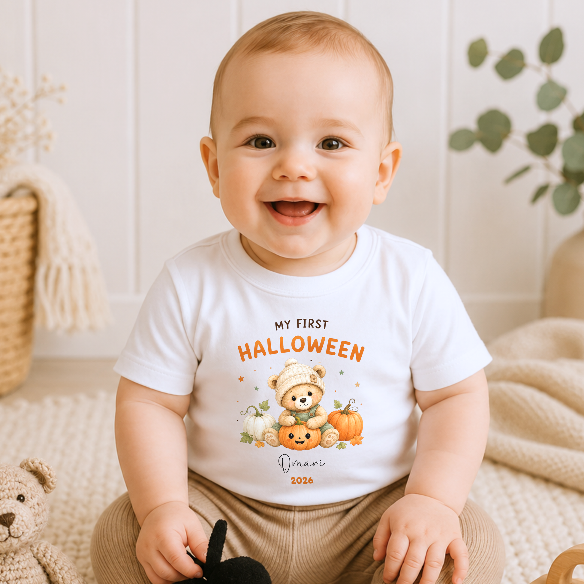 Personalised First Halloween Baby Outfit for boys with cute teddy bear and pumpkin design, customised with baby’s name and year.